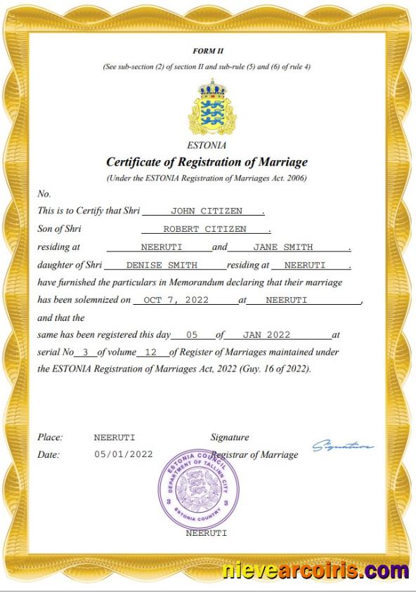 Estonia marriage certificate
